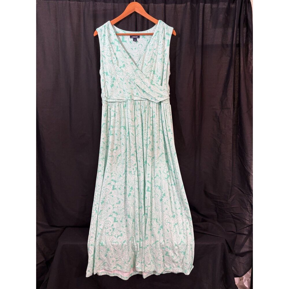 Lands’ End Paisley Maxi Dress L 14-16 Mint White Faux Wrap Sleeveless